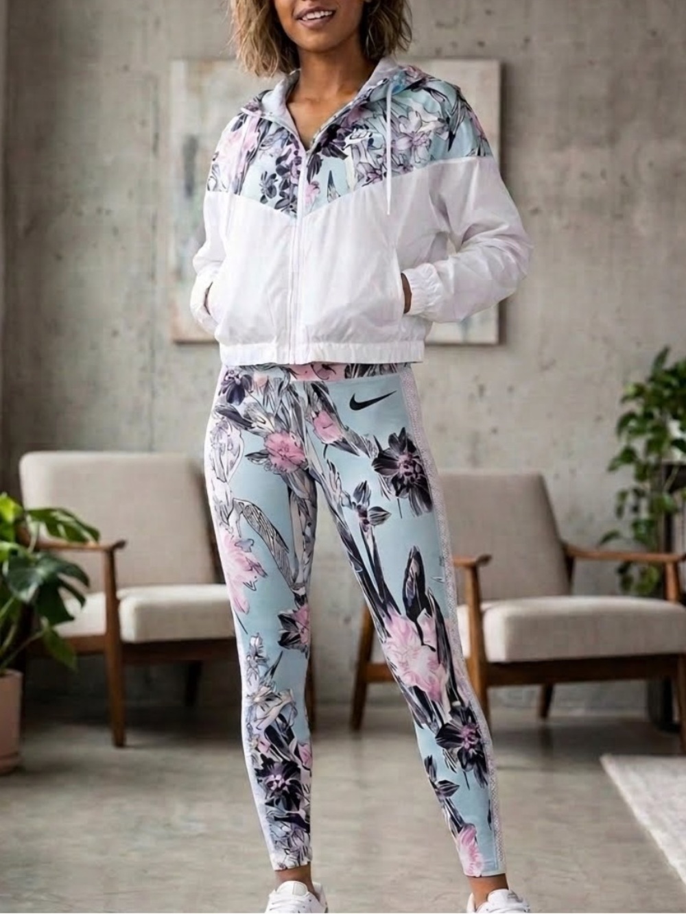 Nike Blue, White & Pink Floral Leggings with Matching Windbreaker